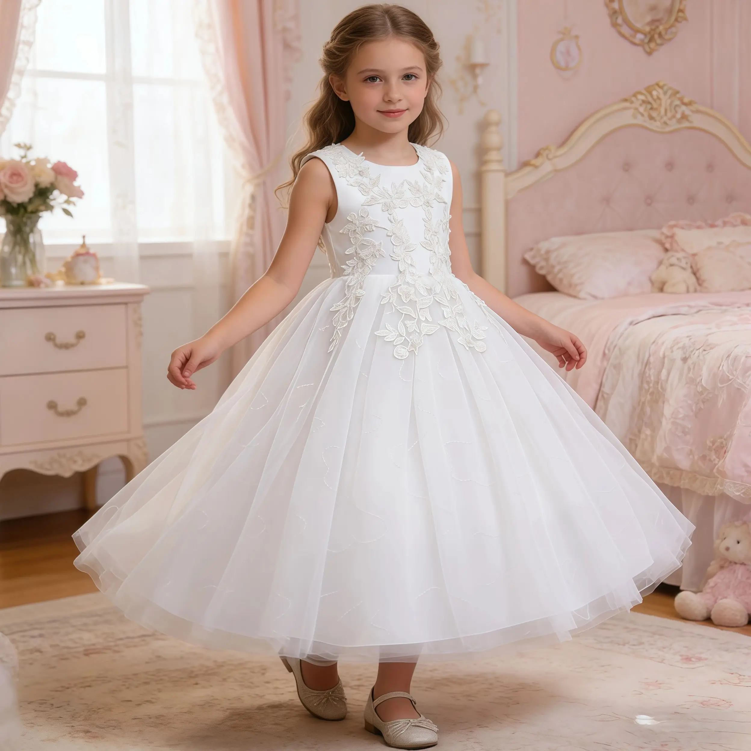 Teenage Girls Sequins Embroidery Bridesmaid Long White Dress For Flower Kids Wedding Party First Communion Birthday Vestidos