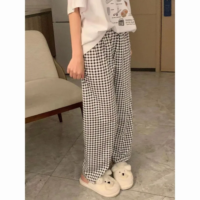 Korean Style Pajamas Pants for Women Sleep Plaid Sleepwear Summer Ankle Length Bottoms Home Room Elastic Waist Sleeping Wear New