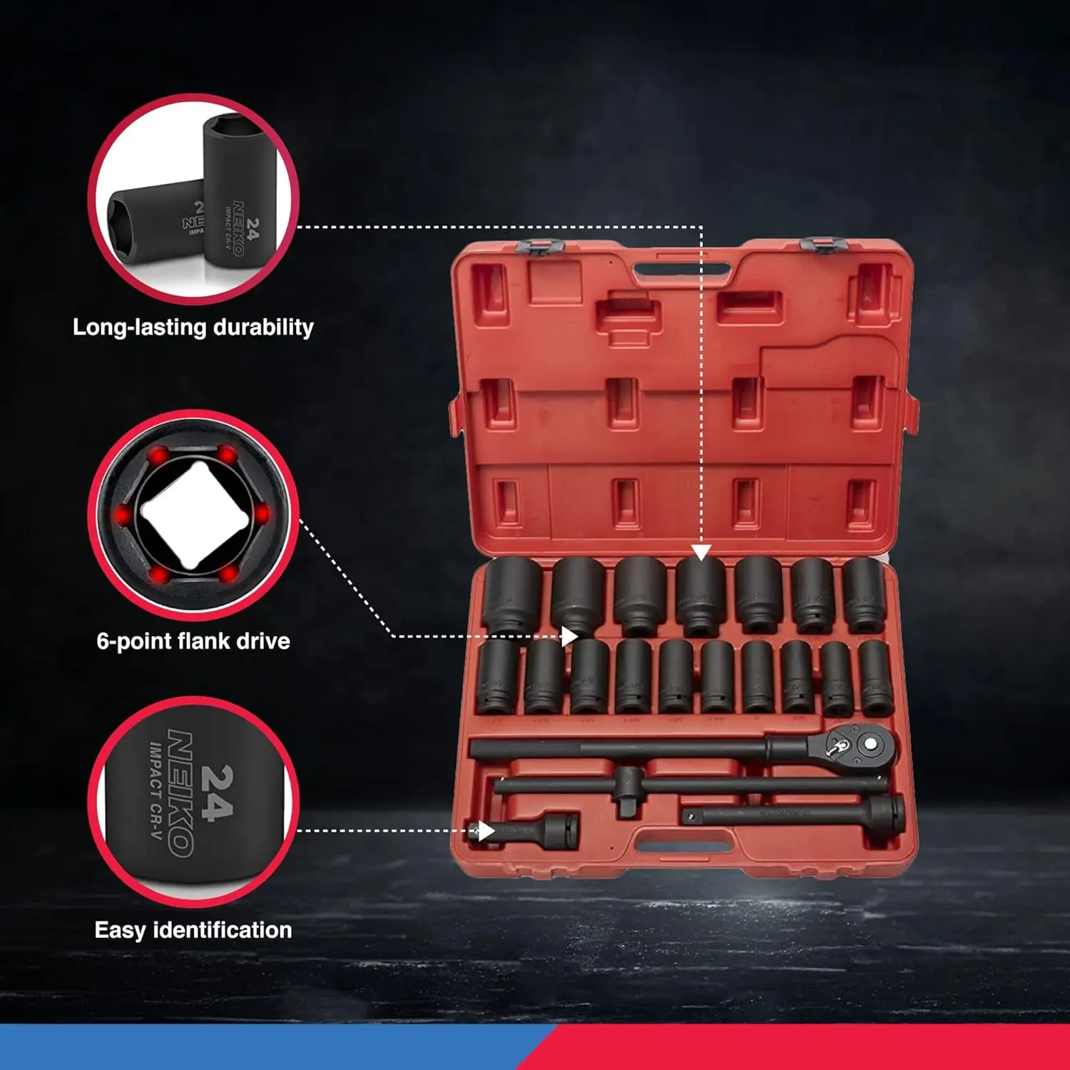 3/4-Inch-Drive Deep Impact Socket Set, SAE Sizes 7/8" To 2", Ratchet Handle & Extension Bars, 22-Piece Set