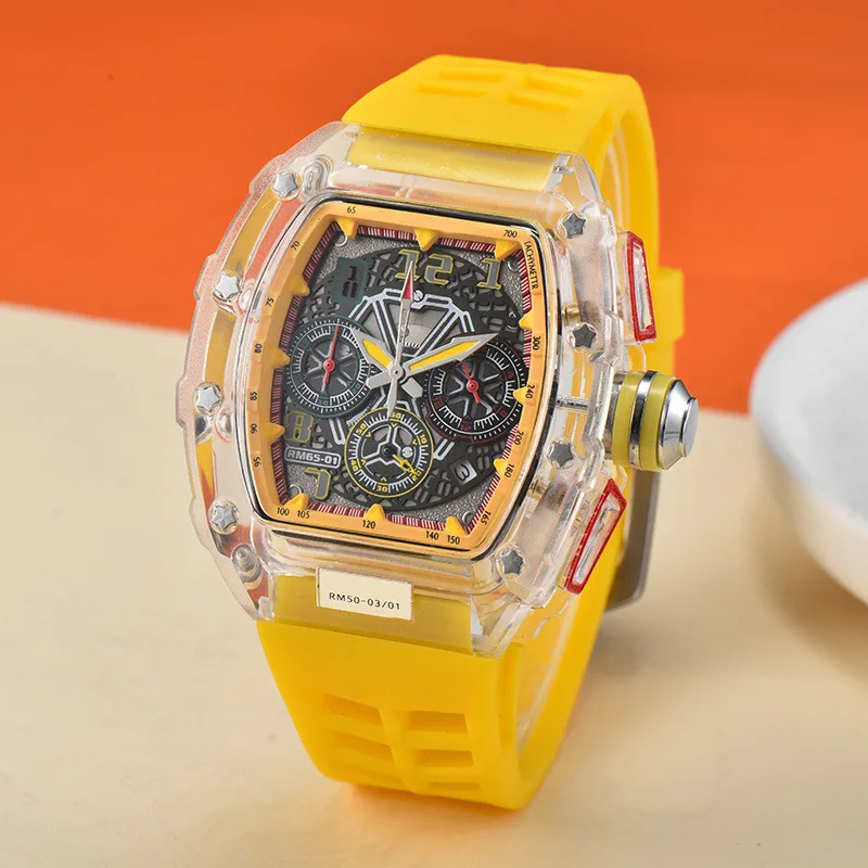 New Rieter crystal transparent multi-function running seconds rotating tourbillon business calendar quartz watch