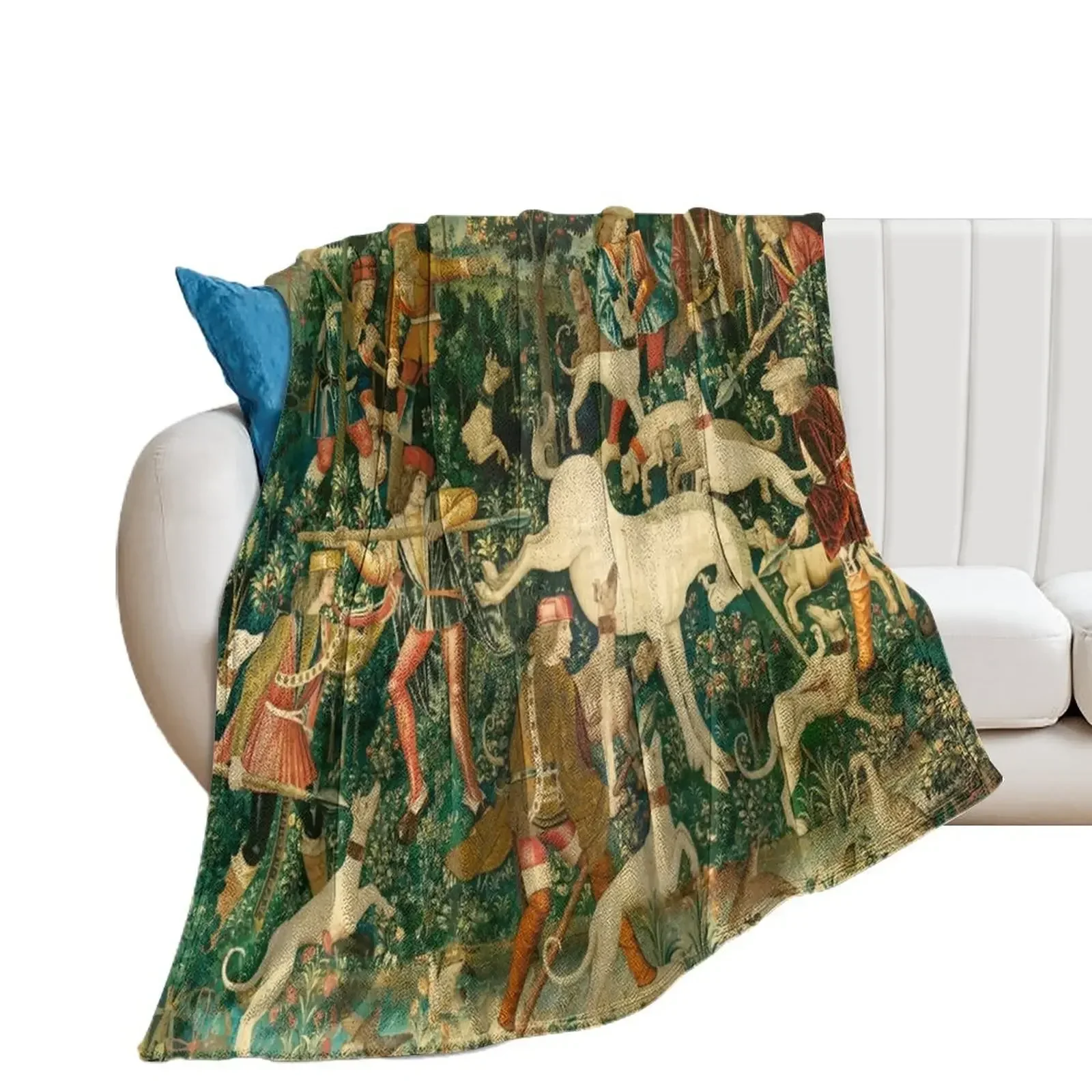 The Hunt of the Unicorn Tapestry. The unicorn defends himself (From Unicorn tapestries) Throw Blanket