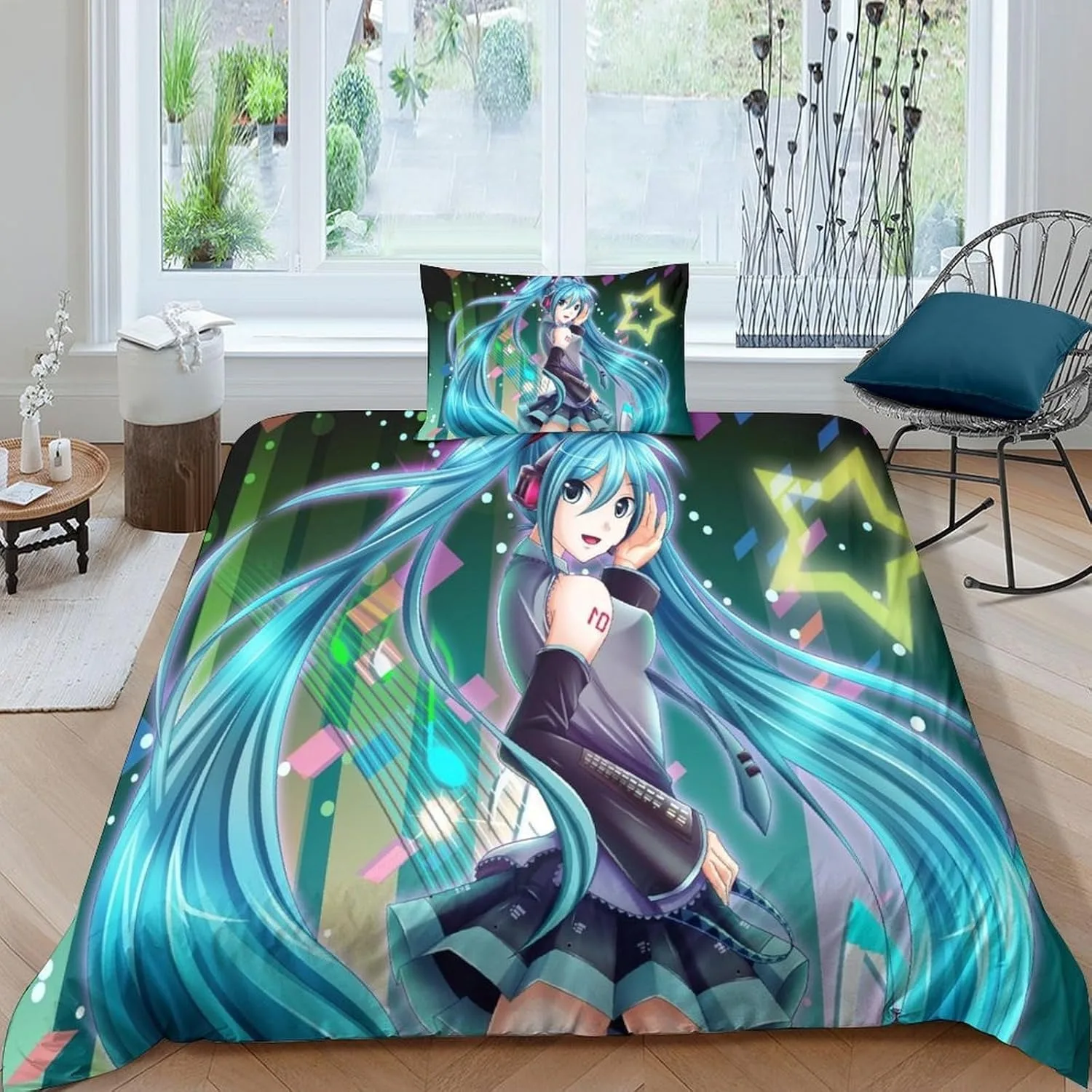 アニメh-初音ミク寝具セット-かわいい女の子用掛け布団カバーセット-シングル・ツイン・フル・クイーン・キングサイズ-子供・ティーン向け寝室装飾ギフト