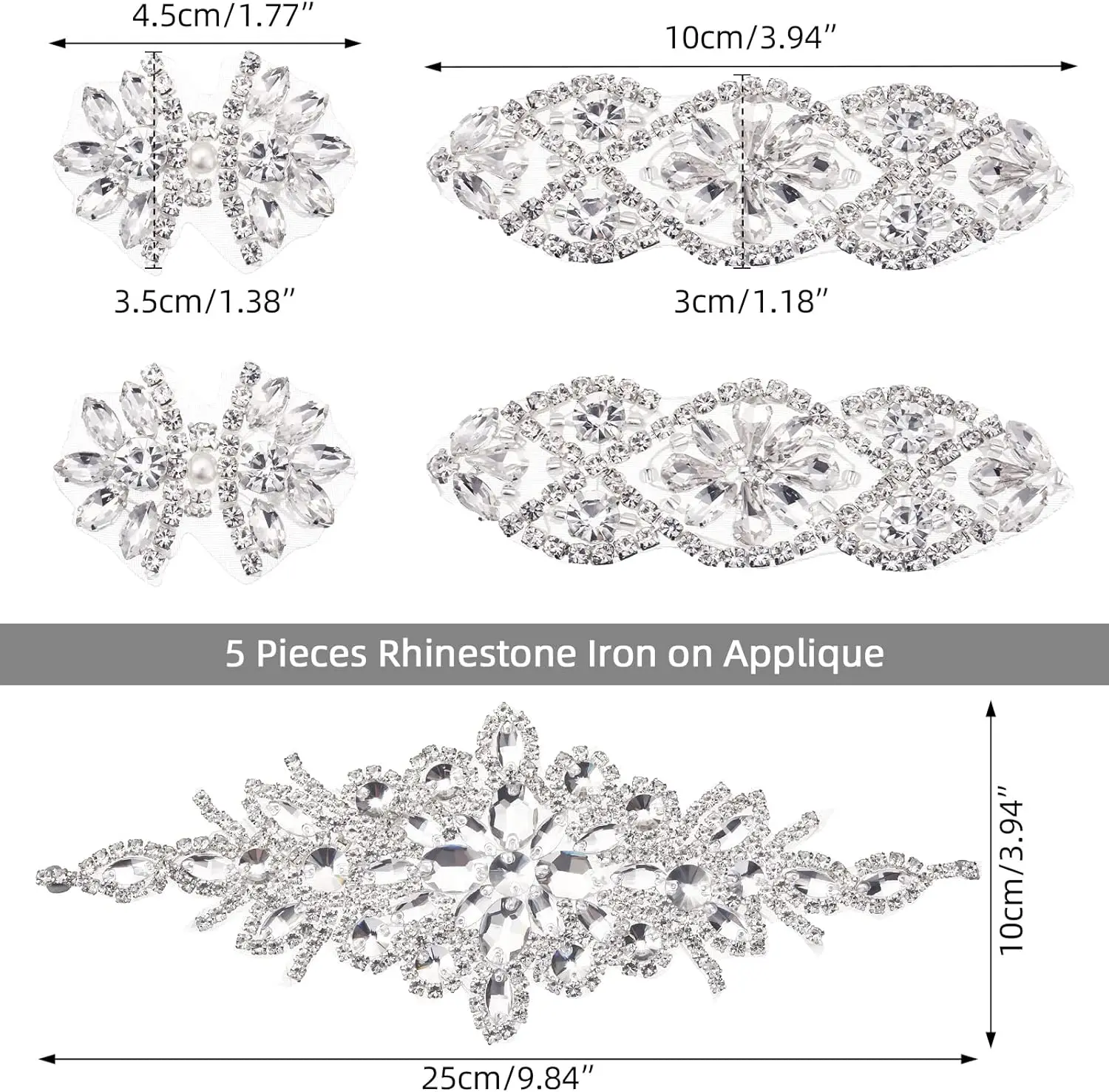 FZD  5 Pcs Crystal Rhinestone Applique Silver Wedding Iron on Sash Hair for Bridal Dress Clothes Shoes Rhinestones for Clothing