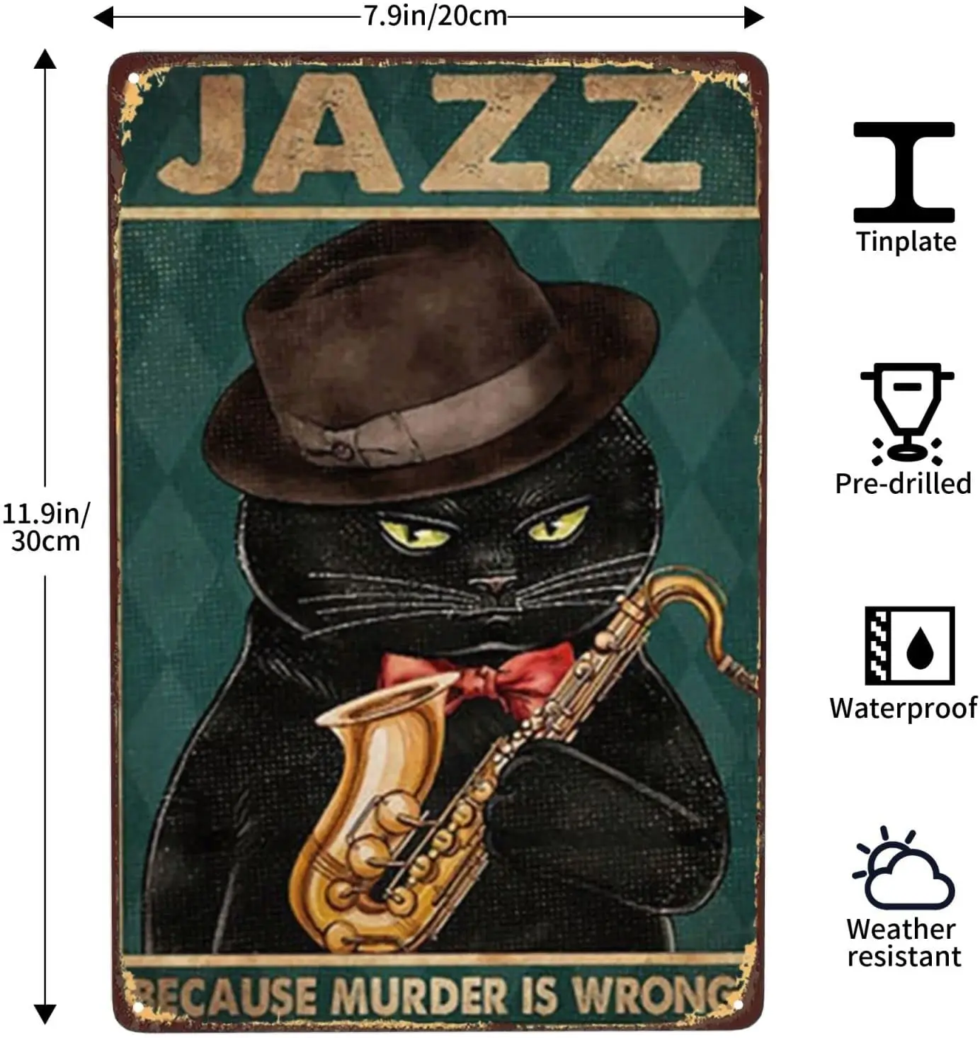 Black Cat Jazz Retro Metal Sign Because Murder Is Wrong Vintage Tin Signs Wall Decor Funny Signs Man Cave Bedroom Pubs