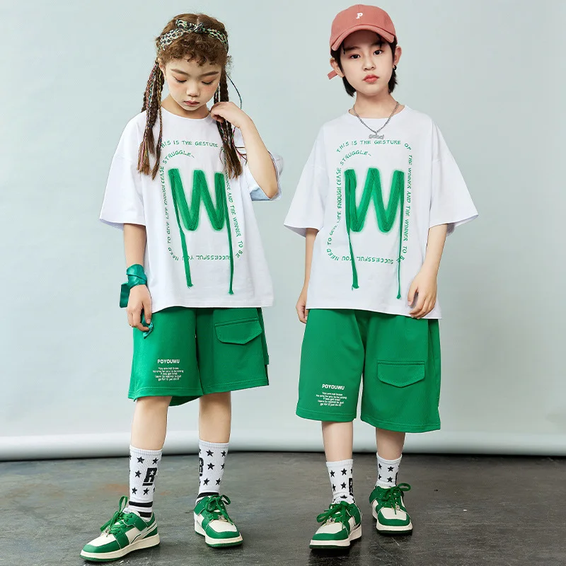 Summer Street Dance Clothes for Kids Costume Hip Hop Jazz Dancing Performance Outfit Letter Print T Shirt top Shorts Dancewear