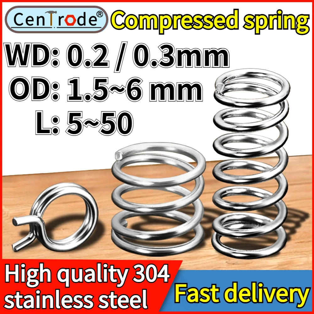 10 peças 304 fio de mola de aço inoxidável diâmetro 0.2/0.3mm pressão de compressão bobina helicoidal comprimento da mola de compressão 5-50mm