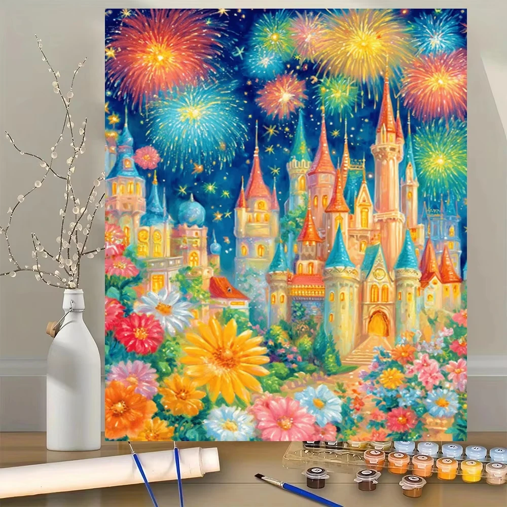 Oil Painting By Numbers Handmade DIY Fireworks Castle Canvas Art Wall Decor for Game Room or Living Room Gift Frameless