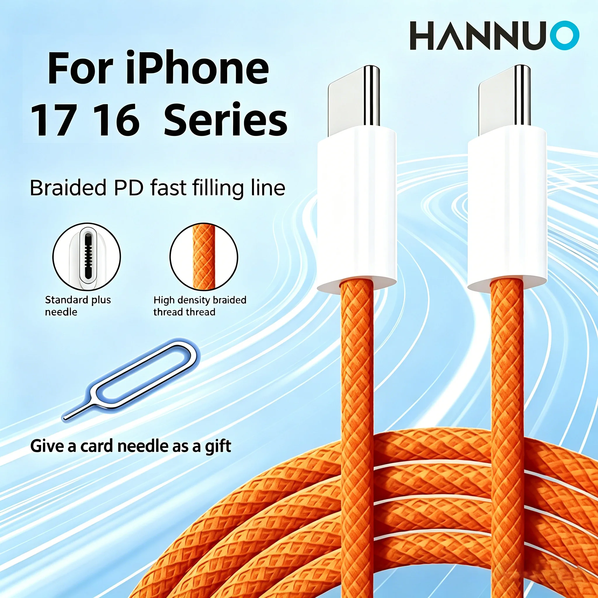 HANNUO 60W Type-C to USB C Data Cable With Card Needle Quick Charging Type C Cord Quick Fast Charger For MacBook iPhone Samsung