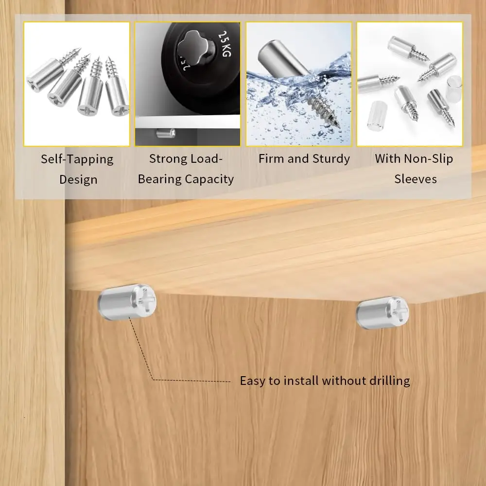 Support Nails, Self Tapping Screws, Laminated Board Support with Anti Slip Sleeves, Wardrobe and Cabinet Glass Panel Brackets