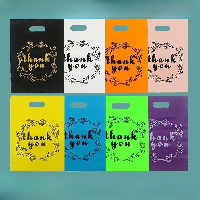 

50PCS Christmas Gift Plastic Garland Thank You Handle Packaging Bag DIY Flat Cartoon Jewelry Garment Shopping Gift Pouches