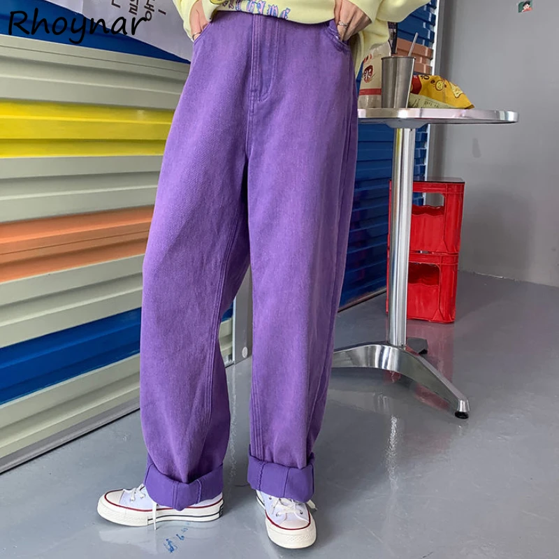 Youth Jeans Women Streetwear Harajuku Fashion Wide Leg Full Length Pockets Casual Purple Solid Female Girls College Ulzzang Ins