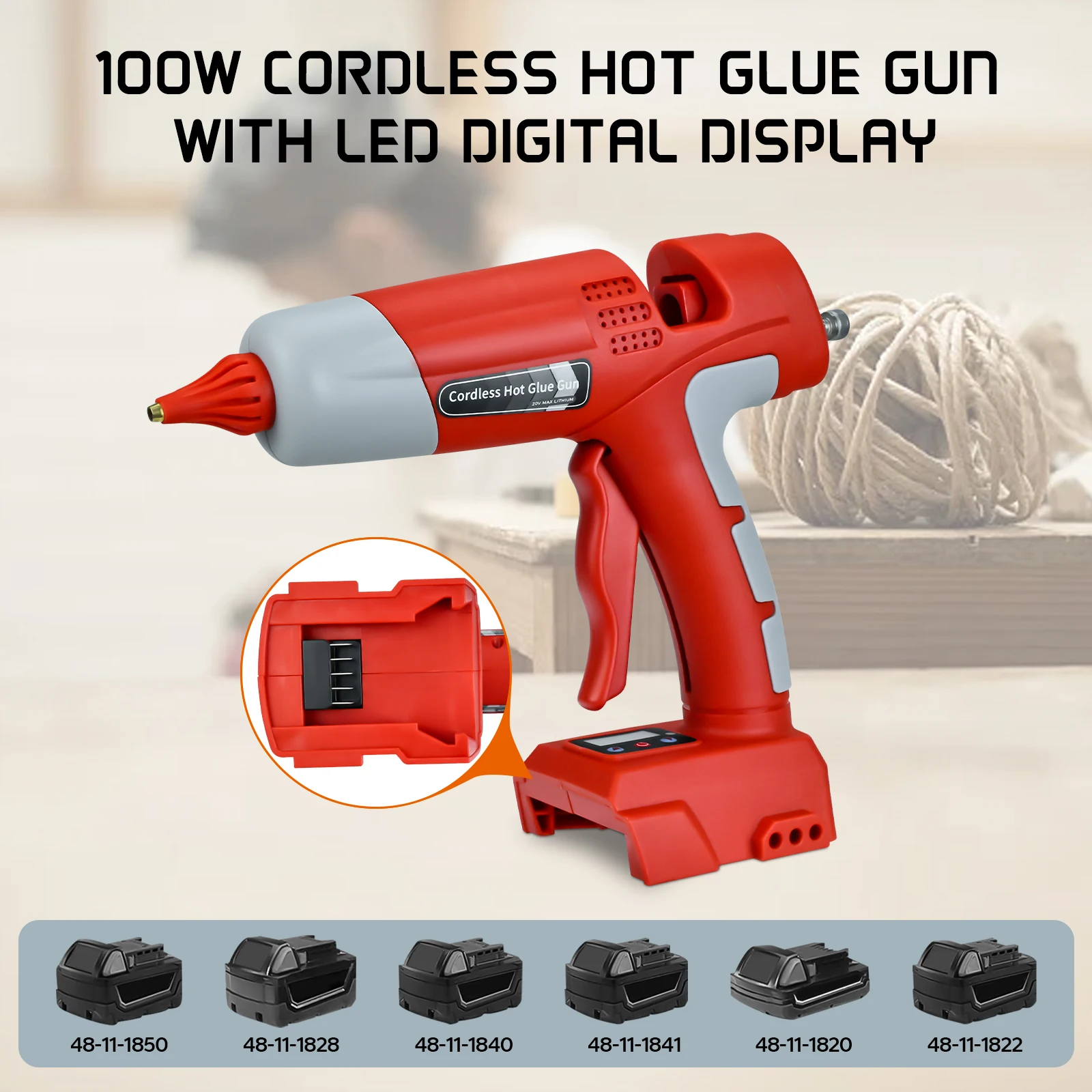 100W Cordless Hot Melt Glue Gun for Milwaukee 18V Battery Repair DIY Tool Electric Glue Gun with 10pcs Sticks (No Battery)