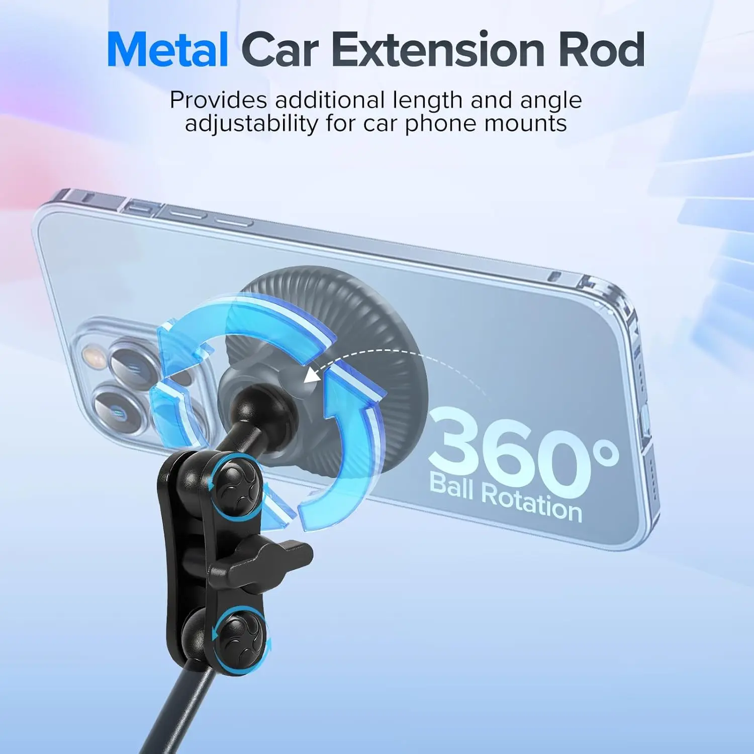 Aluminum 17mm Ball Mount Extension Arm, 360° Rotating for Car Phone/GPS Holder, Double Socket Adapter