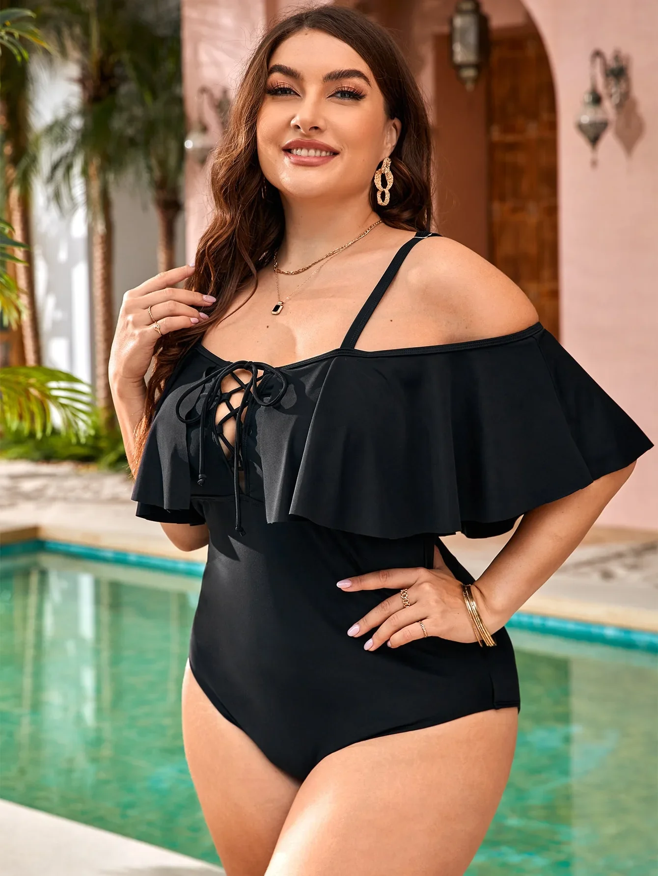Nowy strój kąpielowy jednoczęściowy z paskami, damski, ze sznurkiem, plus size, duży, z falbankami, dla puszystych, monokini 4XL — zdjęcie 4
