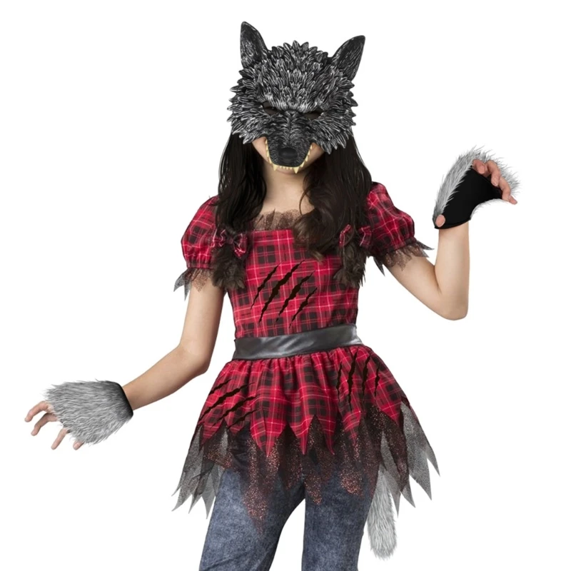 2/3Pcs Halloween Costume Wolf Suit Wolf Mask,Wolf Foxes Tail,Gloves Set Halloween Dress-Up Accessories Gift