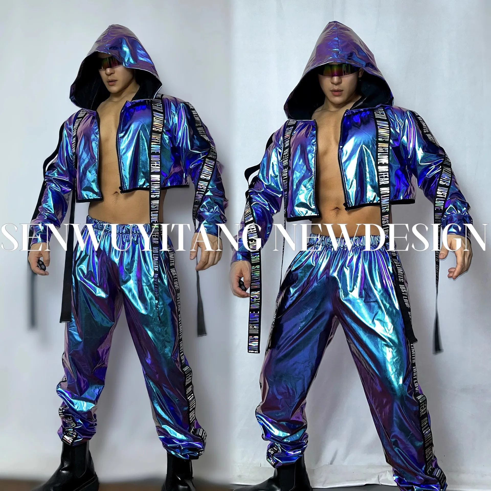 Opening Show Performance Costume Nightclub Bar Men Women Singer DJ Dance Hooded Zipper Short Jacket Pants Set Dance Stage Wear