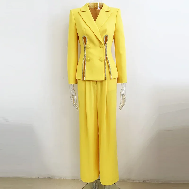 Abito giallo matrimonio di lusso personalizzato festa di compleanno vestito con spacco tempestato di diamanti pantaloni dritti completo da donna