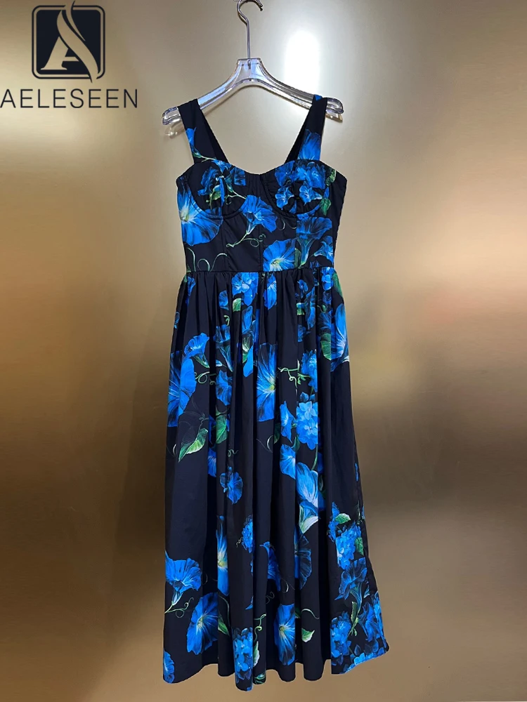 AELESEEN 100% Cotton Summer Dress Women's Spaghetti Strap Blue Flower Print High Quality Sicily Elegant Back