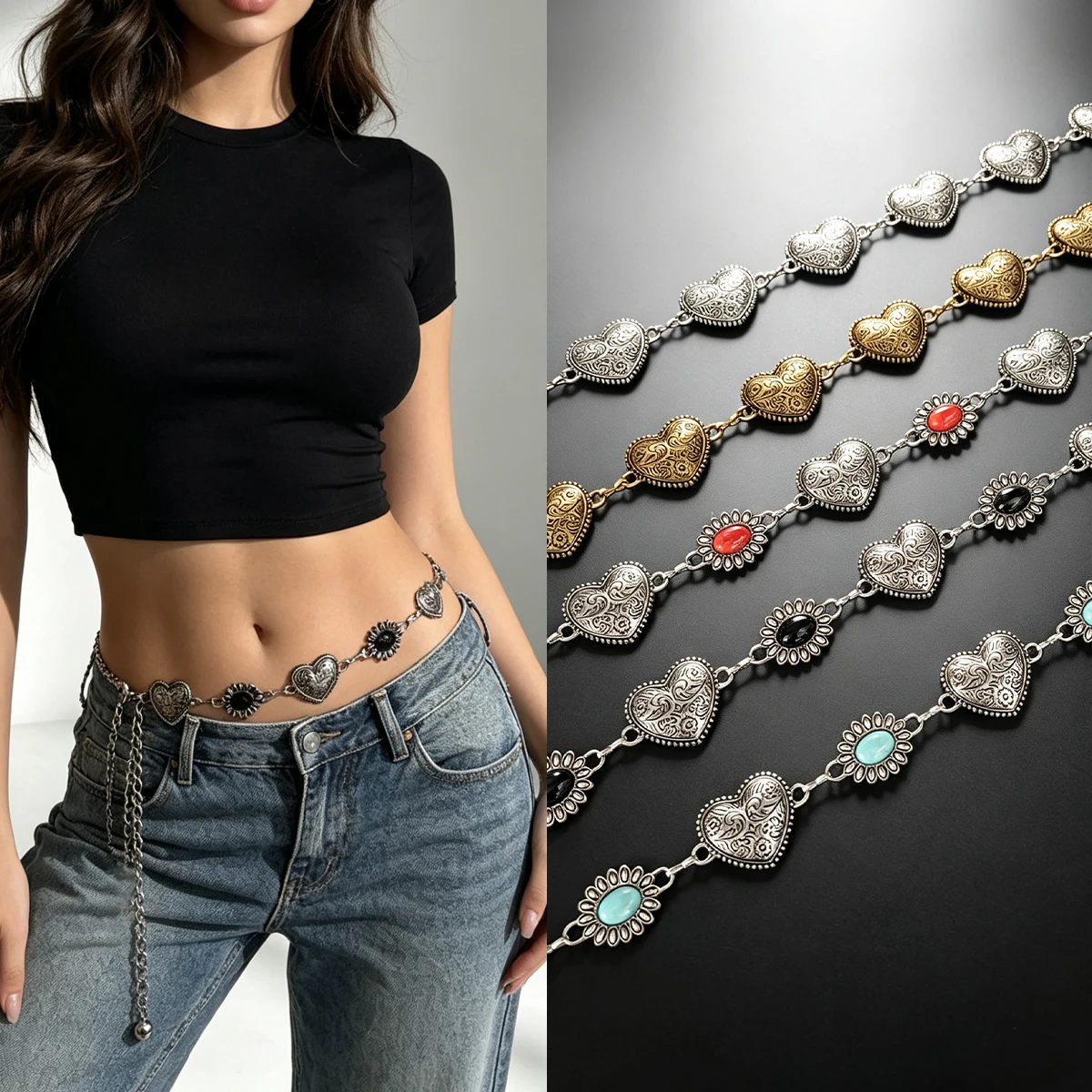 Women'S Jeans Accessories Chain - Silver Heart Waist Belly Chain for