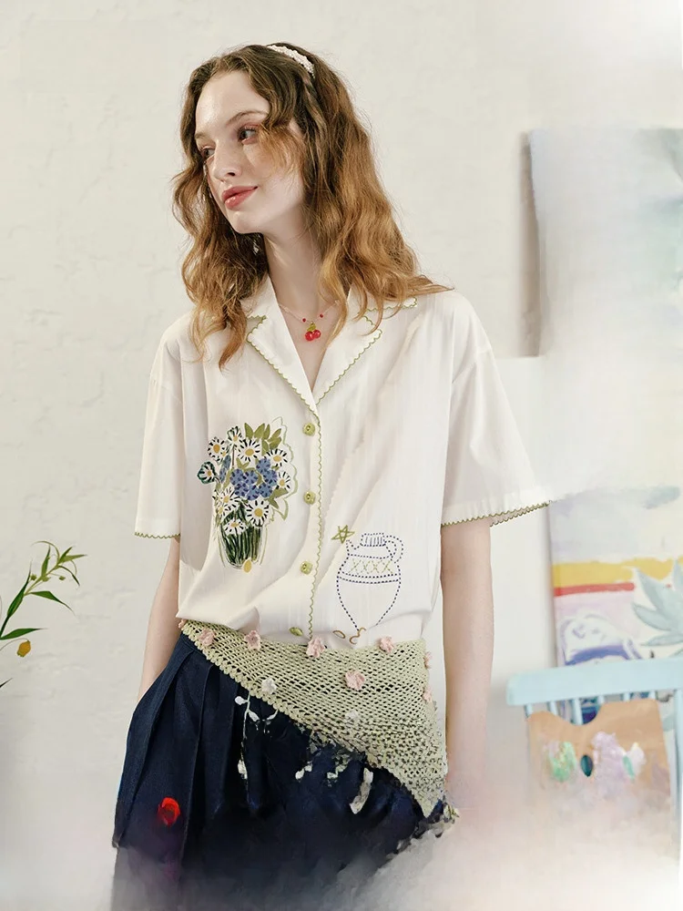 

Loose Fit Printed Embroidered ort Sve irt Women's Summer New Sle Artistic Flavour Turn-down Collar Casual irt