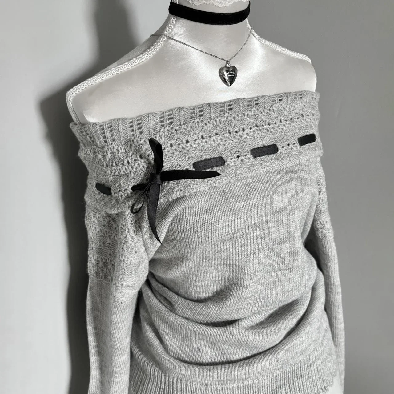 Original Grey Off-the-shoulder Sweaters Women's Autumn Winter Design Sweet Casual Knitwear Pullovers Lady Slim-Fit Elegant Top