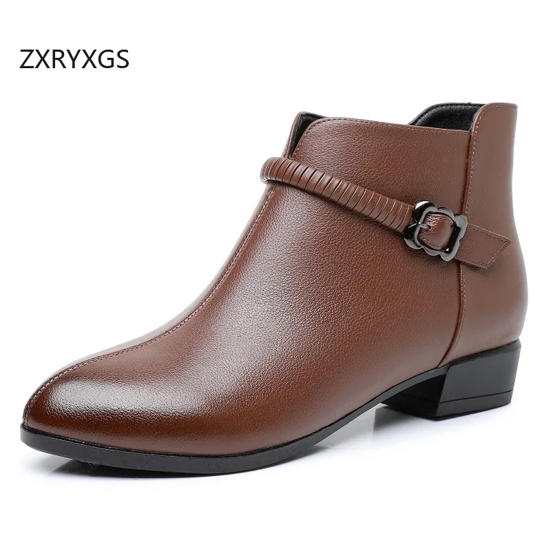 

ZXRYXGS Temperament Elegant Top Layer Cowhide Single Ankle Boots Low Heels 2025 New Autumn Winter Boots Comfortable Women Boots
