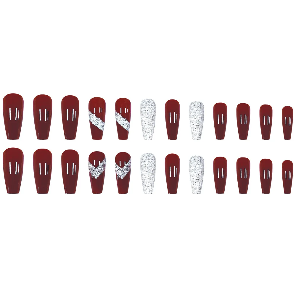 플래시 파우더 프레스온 네일 롱 코핀 가짜 손톱 와인 레드 디자인 아크릴 반짝이는 골드 스파클링 와인 레드 디자인 인조 손톱