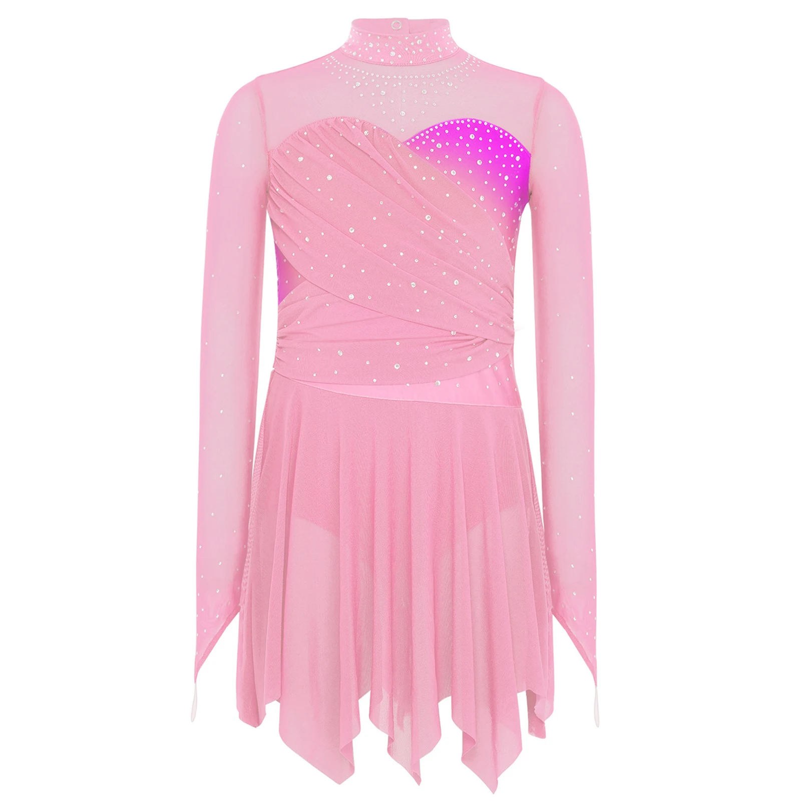 

Kids Girls Lyrical Ballet Gymnastics Dance Costume Long Sleeves Shiny Irregular Hem Ruched Mesh Dress for Figure Skating Show