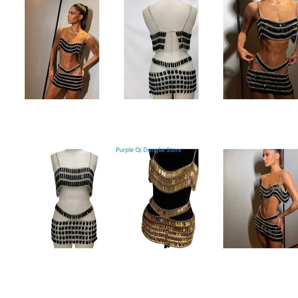 L21E Rhinestones Sparkles Glitter Crop Tanks Top Mini Skirt Backless Chain Halter Crop Tops Fashion Chain Body Jewelry