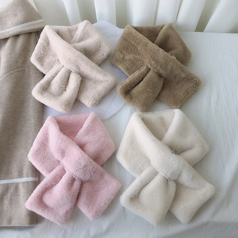 Women Winter Warm Thicken Scarfs Solid Color Faux Rabbit Fur Plush Cross Collar Scarf Shawl Elegant Warm Soft Comfortable Scarf