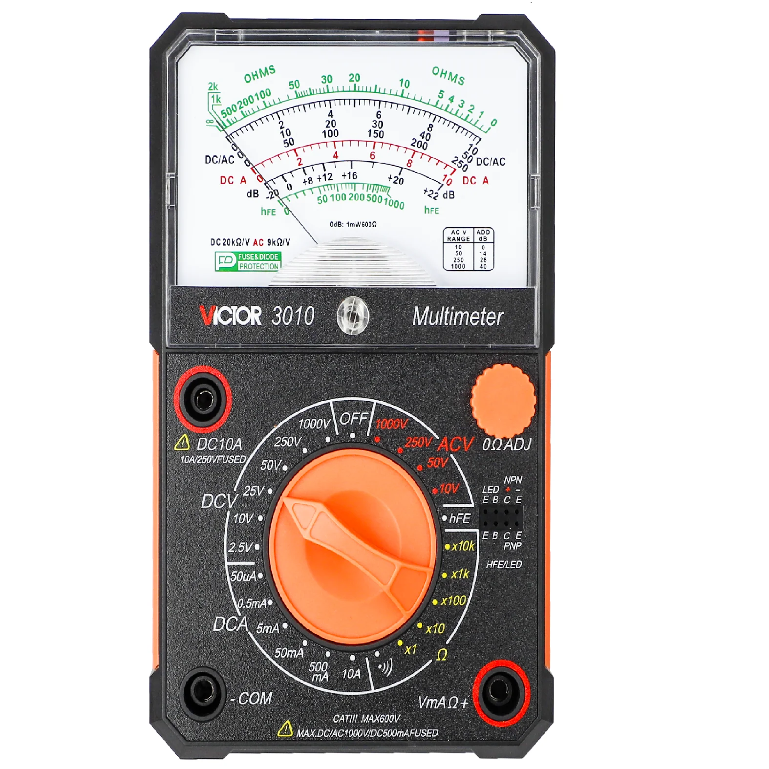 

VICTOR New 3010 analog multimeter Triode test line protection DC AC 1000 voltage 10A 9~20Kohm Input impedance pointer meter