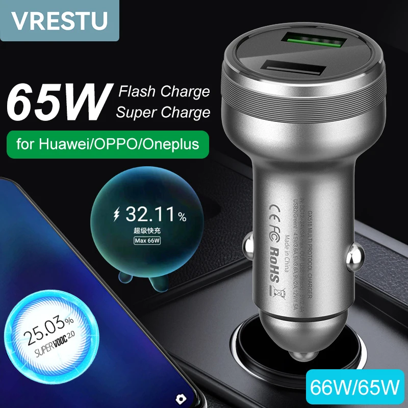 65W 6A 50W USB Car Charger 3.0 SCP AFC FCP VOOC Dart Fast Car Charging Warp Charger for Huawei OPPO R19 Find X Oneplus 9R 10 Pro