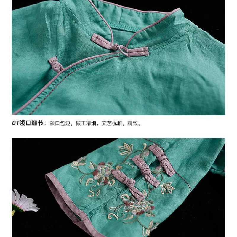 Summer Stand Collar Three Quarter Fashion Blouse Women High Street Casual Loose Pure Cotton Pullovers Elegant Embroidered Tops