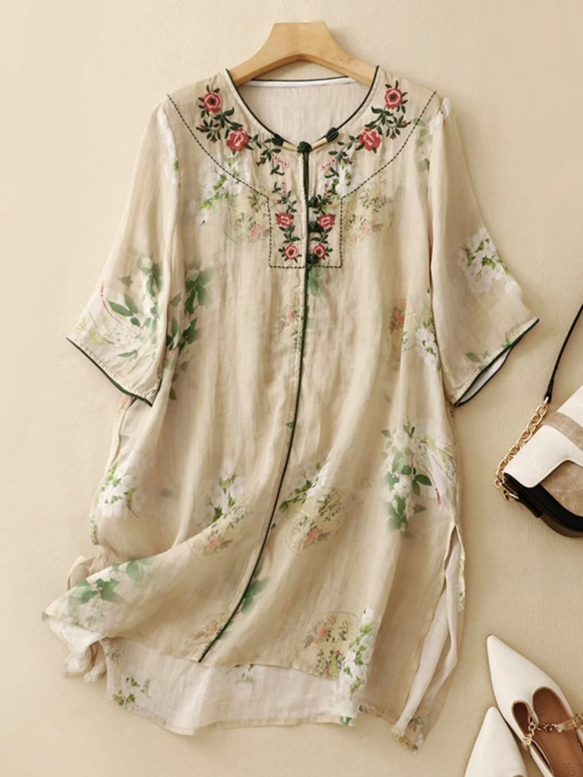 

Retro Sle Embroidered Linen irt Women Summer Loose round Ne Mid-Length Printed Cotton Linen Blend Button-Up Top