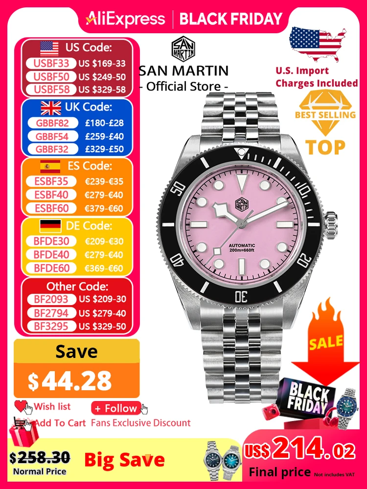 

San Martin 40 мм розовые BB дайверские часы NH35 лучший бренд классические роскошные мужские автоматические механические сапфировые водонепроницаемые 200 м SN0128