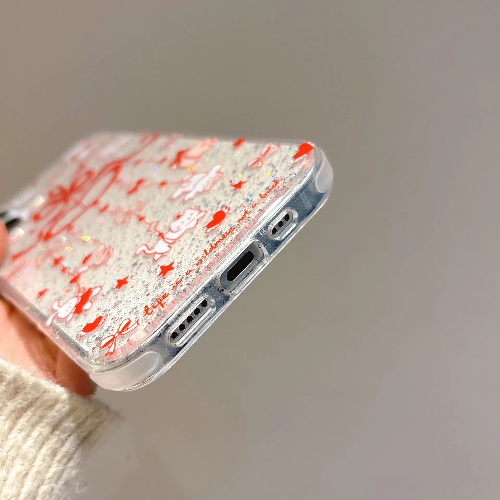 바람 종소리 동물 빨간색 활 넥타이 아트 반짝이 투명 전화 케이스, 아이폰 16 15 14 13 프로 맥스 케이스, 귀여운 럭셔리 만화 커버