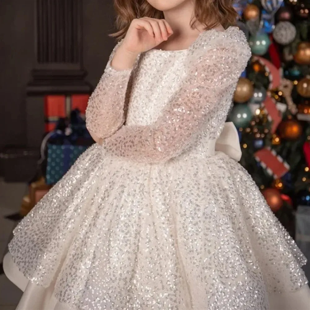 

Customized Sequined Flower Girl Wedding Dress Full Sleeves with Bow Princess Birthday Party Dress Kids First Communion Kids Gown