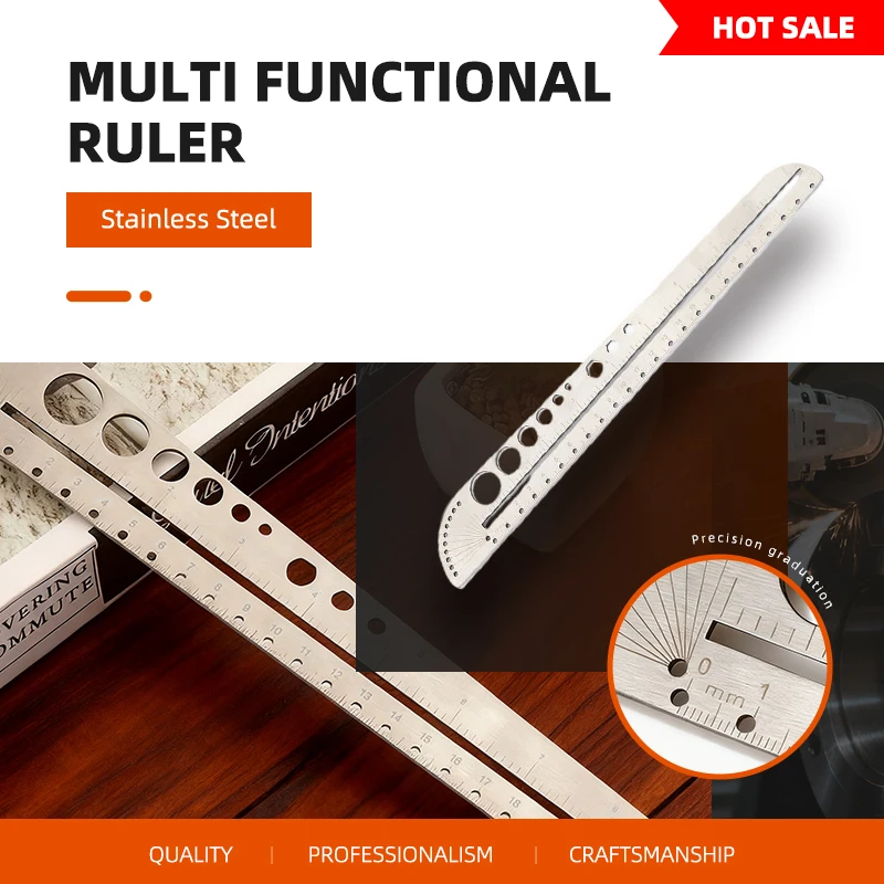 Multi Functional Ruler Stainless Steel Tool Scale Ruler Office Compass Protractor Hexagonal EDC Outdoor Tool Woodworking Ruler