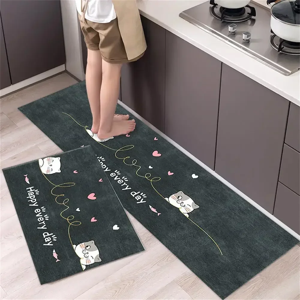 

Cute Cat 'Happy Every Day' Kitchen Mat Non-Slip Machine Washable Rug Set for Home Decor Anti-Fatigue Floor Mats