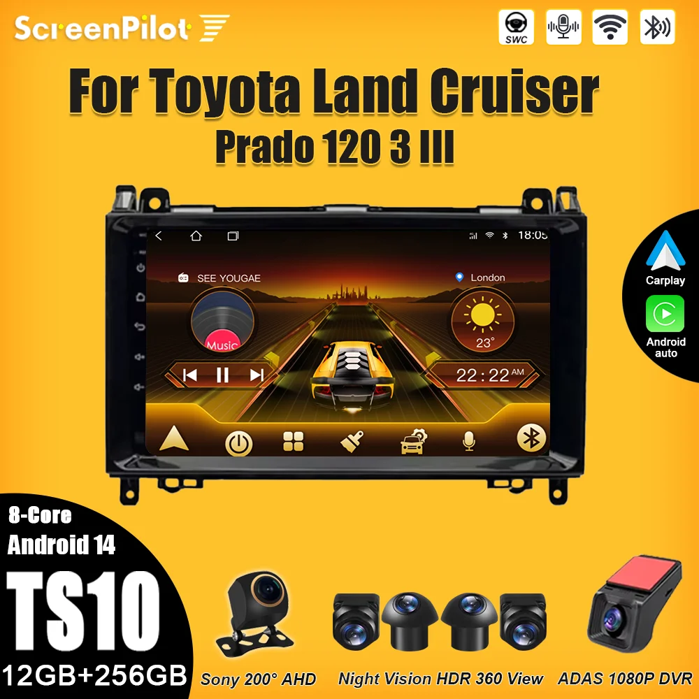 راديو السيارة لتويوتا لاند كروزر برادو 120 3 III مشغل فيديو الوسائط المتعددة Carplay شاشة تعمل باللمس RDS 8 Core 5G 8 Core 5G DSP