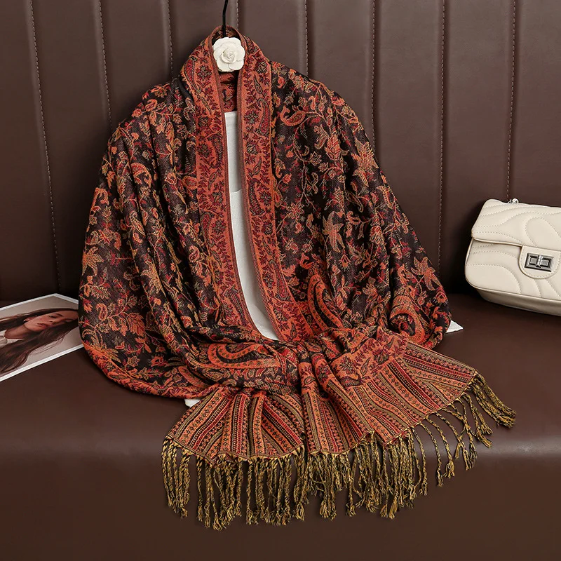 New ethnic style scarf Imitation cashmere light luxury luxury scarf Cashew flower cashmere fringed shawl