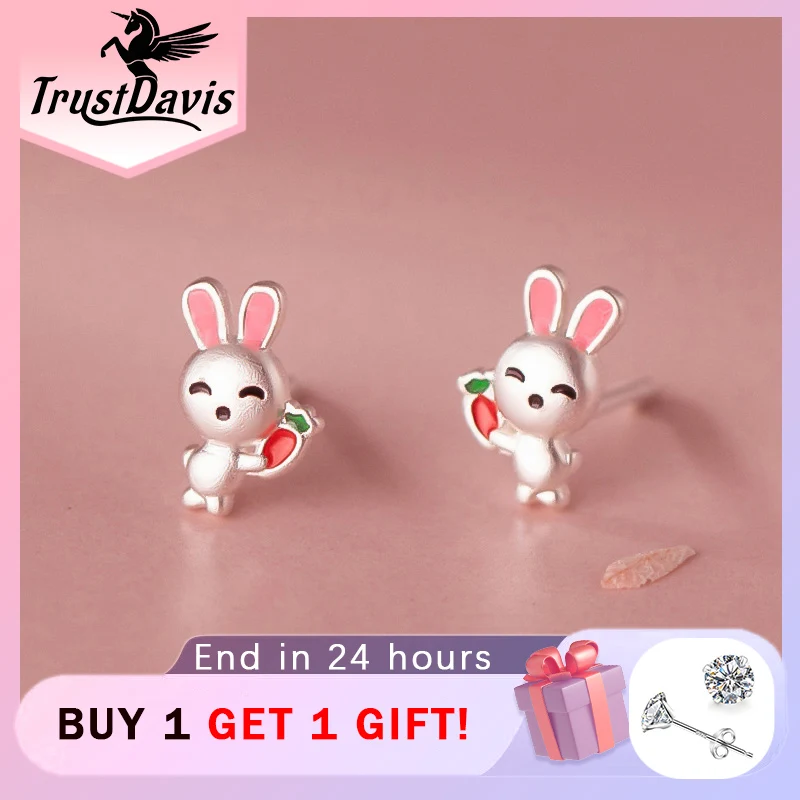 TrustDavis Real 925 Sterling Silver Kids Earring Frosted Rabbit Carrot Stud Earrings For Daughter Girls Fine Jewelry Gift DS3213