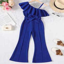 Summer Girls Cute Cool Breathable Single Shoulder Strap Solid Color Dresses Princess Casual Birthday Party Dresses Clothing