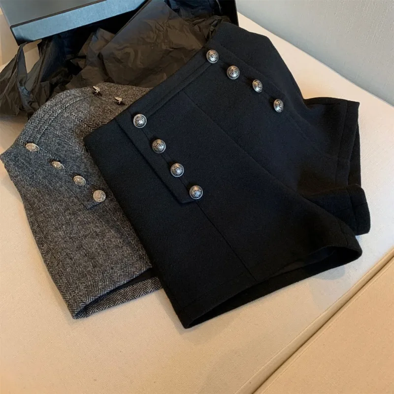 Women Clothing Korean Fashion Vintage High Waist Woolen Short Pants Autumn Winter Elegant Chic with Button Solid Slim Hot Shorts