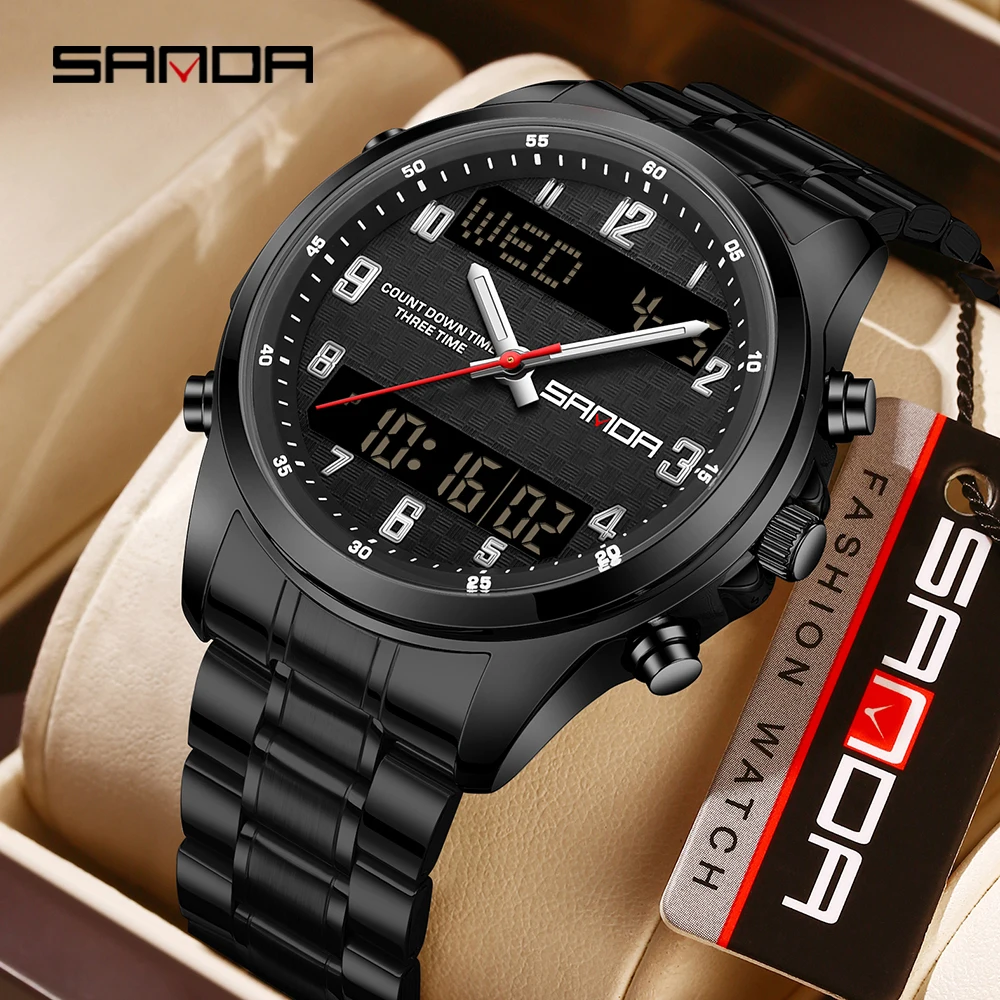 SANDA 9119 Dual Display Steel Belt Watch Men's Double Movement Multi Functional Timing Night Light Alarm Clock 5ATM Waterproof