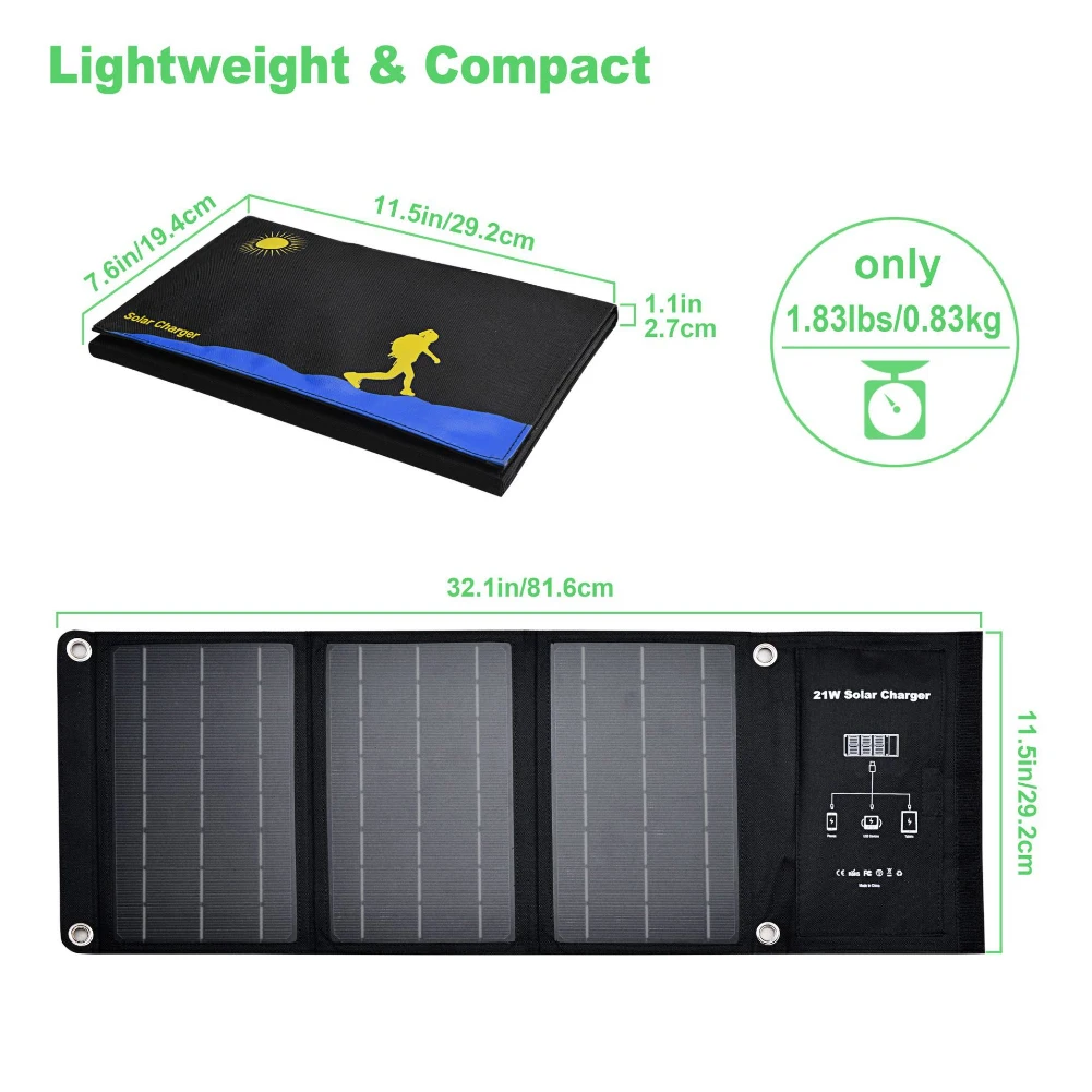 Byscoon Portable Outdoors Solar Panel 5V 21W Foldable Waterproof USB Solar Cells Smartphone Mobile Power Battery Charger