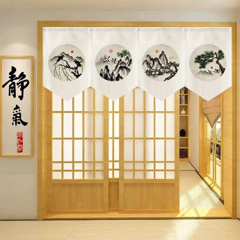 VIKAMA Chinese Landscape Sun Triangular Curtain Pine Mountain Bird Circle Ink Painting Zen Kitchen Window Valance Decor Indoor