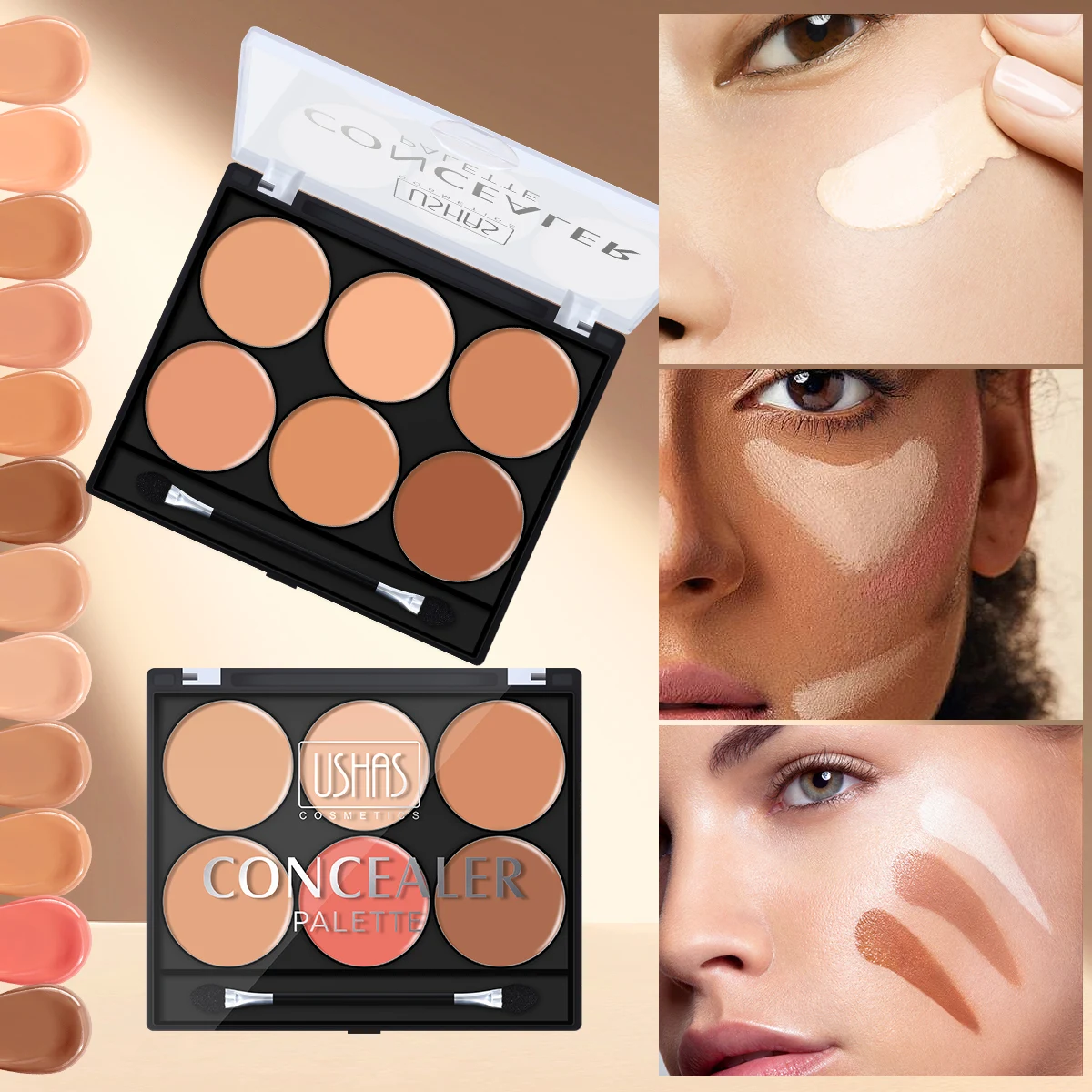Paleta de Corrector de 6 Colores USHAS, Cubre Manchas y Ojeras, Humectante, Sin Grumos, Contorno Iluminador, Para Principiantes, Maquillaje Diario
