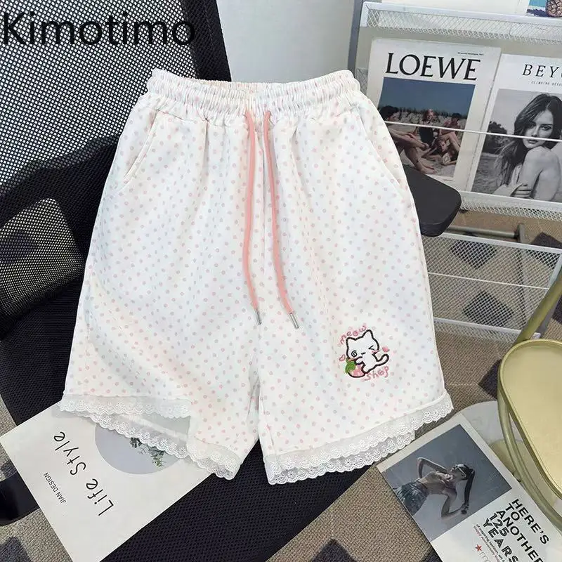 

Kimotimo Polka Dot Shorts Women Japanese Cute Cat Embroidery Patchwork Lace Wide Leg Short Pants Summer Casual Loose Streetwear