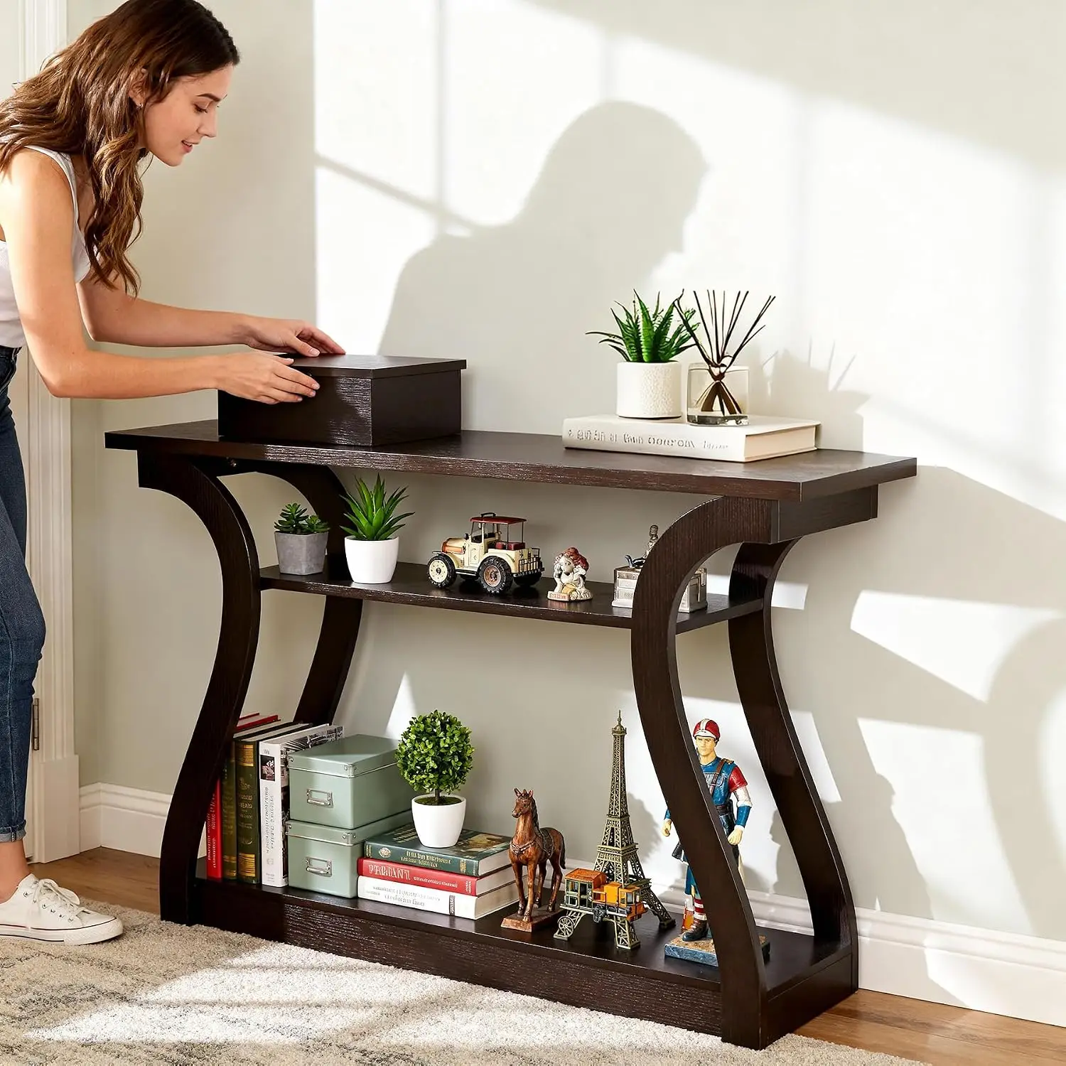 47in Narrow Console Table 3 Tier Wood Sofa Table with Shelves Curved Frame Entryway Living Room Hallway, Customized